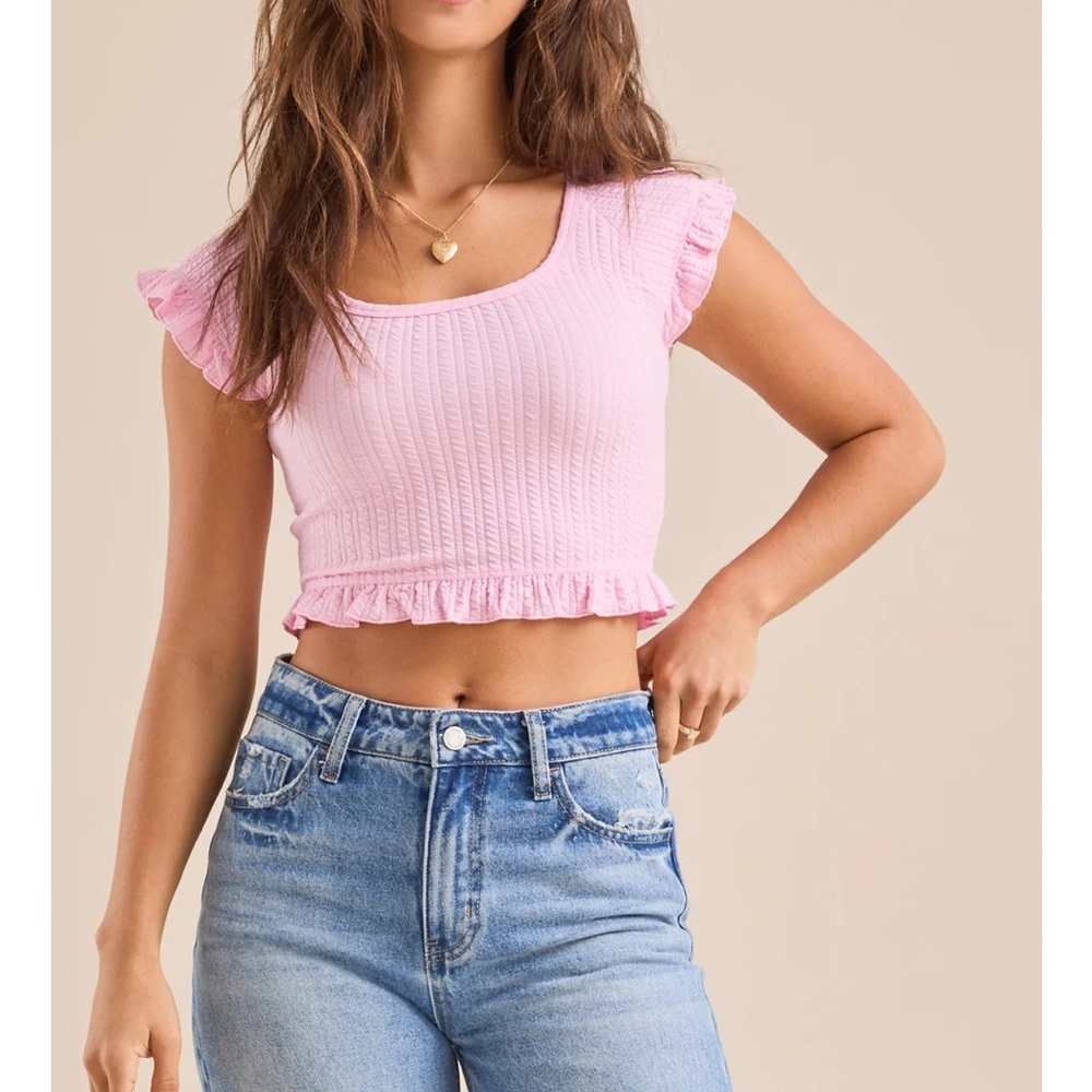 Altar'd State Pink Flutter Sleeve Crop Top